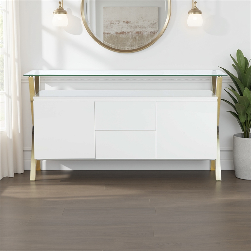 Bowery Hill 63 Inch Sideboard Buffet Glass Top in White Lacquer and Gold