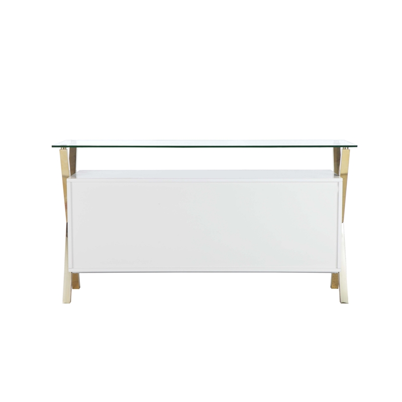 Bowery Hill 63 Inch Sideboard Buffet Glass Top in White Lacquer and Gold