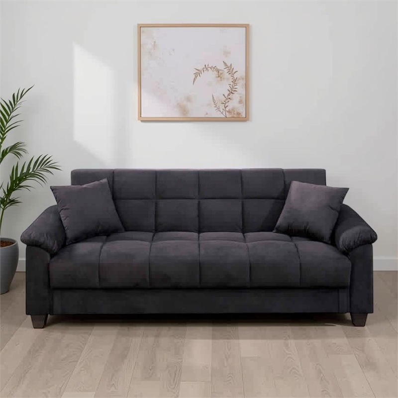 Bowery Hill Microfiber Adjustable Sofa with 2 Pillows in Ebony Gray