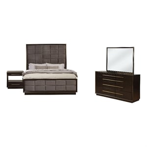 Bowery Hill 4 Piece Tall Queen Bedroom Set Gold Accents in Gray Upholstery