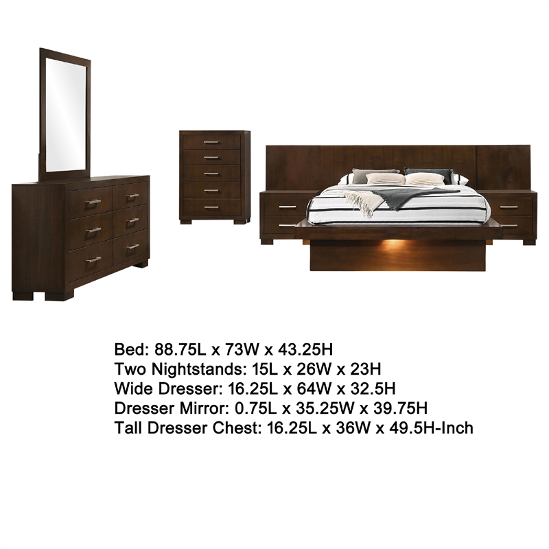 Bowery Hill 6 Piece Wall Panel Queen Bedroom Set LED in Dark Brown
