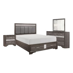 Bowery Hill 4 Piece Queen Bedroom Faux Leather Tufted in Silver and Gray