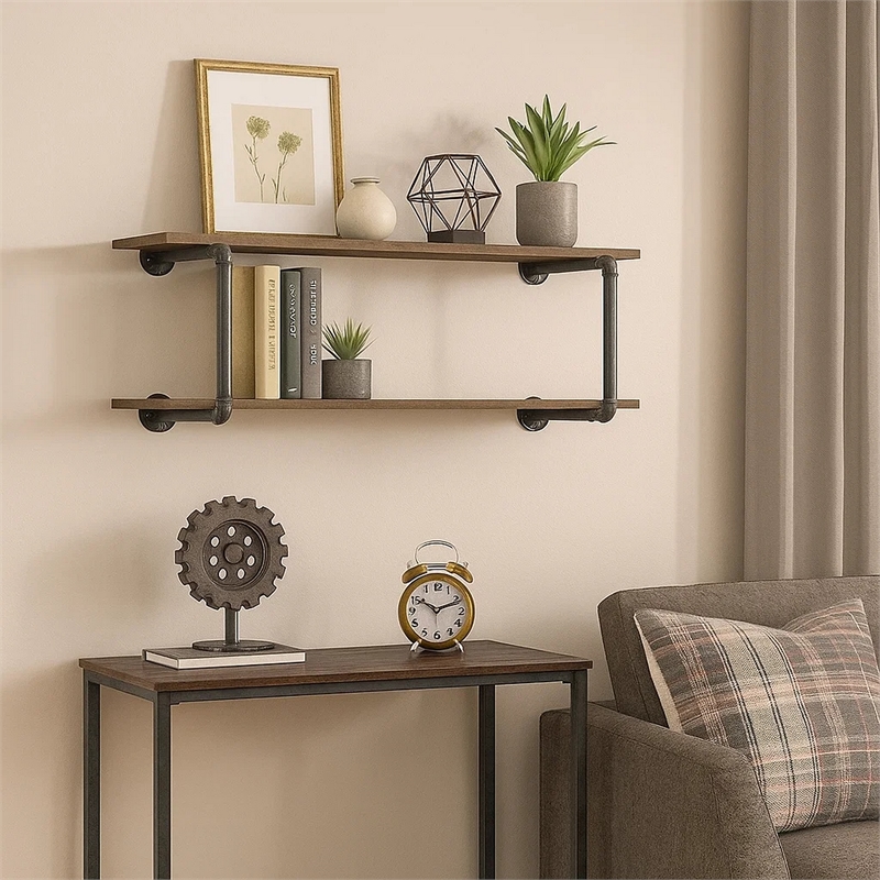 Bowery Hill Antique Metal Framed 2 Tier Wall Rack in Brown and Gray