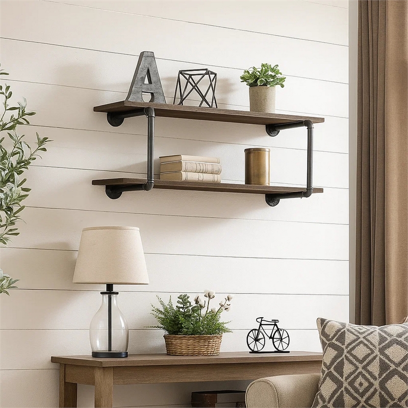Bowery Hill Antique Metal Framed 2 Tier Wall Rack in Brown and Gray
