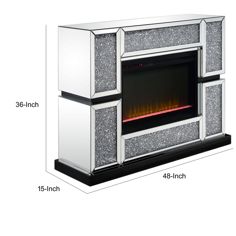 Bowery Hill Electric Fireplace with Mirror and Faux Crystal Inlay in Silver