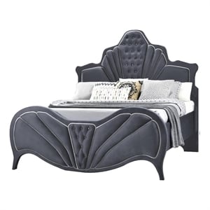 Bowery Hill Velvet Upholstered Channel Tufted Queen Bed in Gray