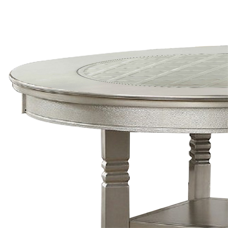 Bowery Hill Round Wooden Dining Table with Glass Inserted Top in Silver