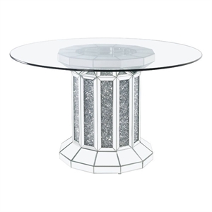 Bowery Hill Round Glass Top Dining Table with Cross Oval Base in Silver