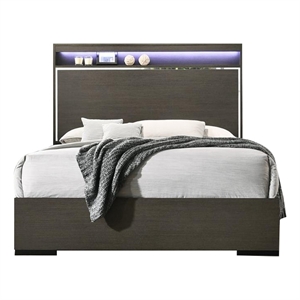 Bowery Hill Wooden Eastern King Bed with LED Storage Shelf in Gray