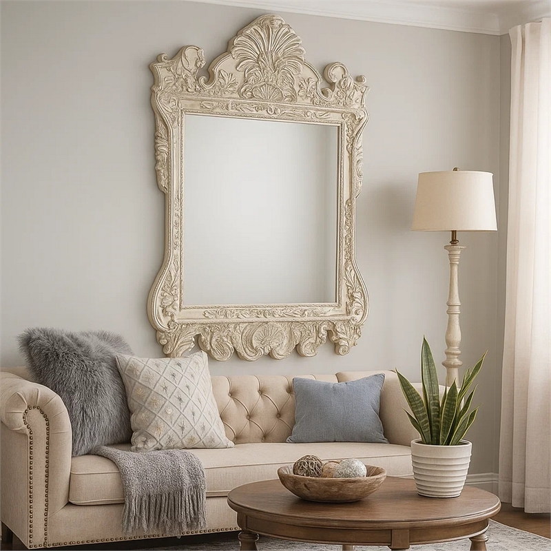 Bowery Hill 61 Inch Oversized Wall Mirror with Floral Carving in Silver
