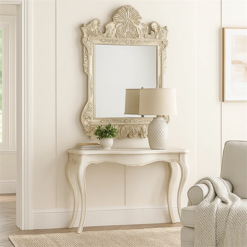 Bowery Hill 61 Inch Oversized Wall Mirror with Floral Carving in Silver