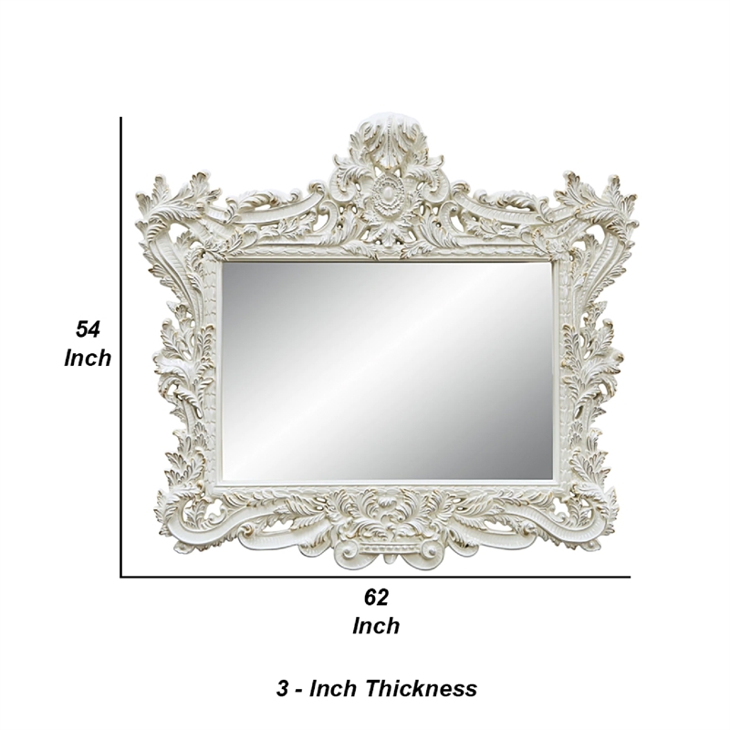 Bowery Hill 62 Inch Ornate Carved Mirror with Crowned Top Frame in White