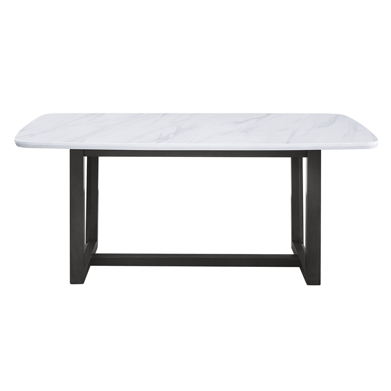 Bowery Hill Dining Table with Marble Top and Trestle Base in Gray