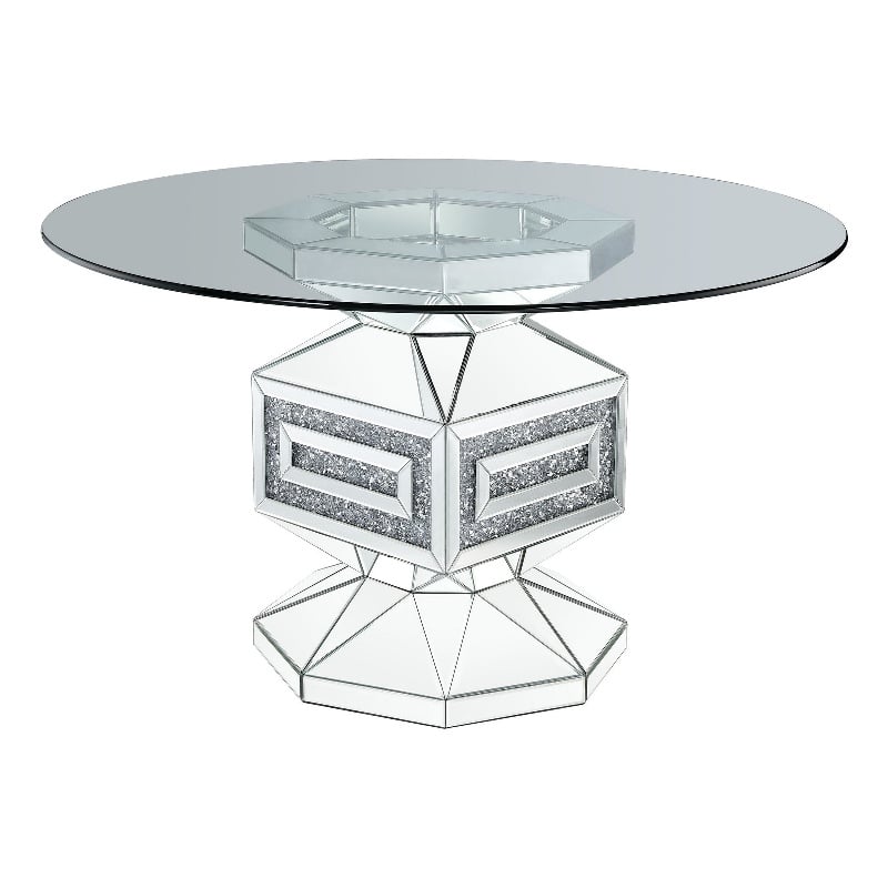 Bowery Hill Dining Table with Glass Top and Pedestal Base in Silver