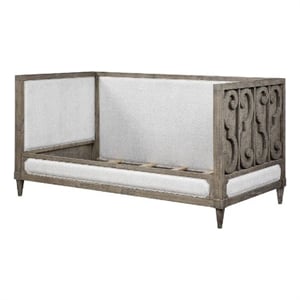 Bowery Hill Daybed with Fabric Upholstery and Carvings in Weathered Brown