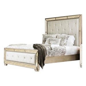 Bowery Hill Leatherette Wooden Queen Size Bed in Gold and Silver