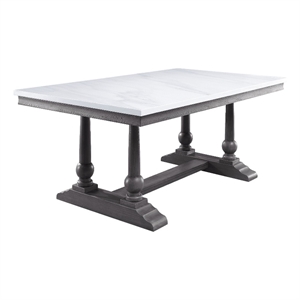 Bowery Hill Dining Table with Marble Top and Trestle Base in White and Gray