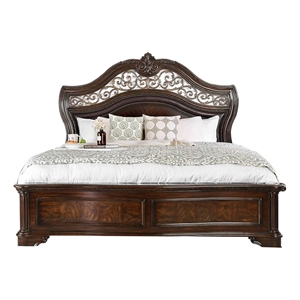Bowery Hill Eastern King Wooden Bed with Carved Headboard in Brown