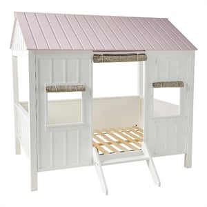 Bowery Hill Wooden Cottage House Full Bed with Curtains in White and Pink