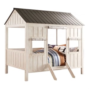 Bowery Hill Wooden Cottage Full Bed in Weathered White and Washed Gray