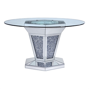 Bowery Hill Faux Crystal and Mirror Dining Table with Pedestal in Silver