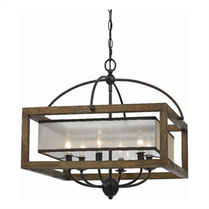 Bowery Hill 6 Bulb Square Chandelier with Frame and Organza Shade in Brown