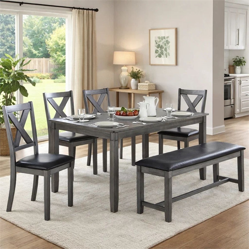 Bowery Hill Modern 6 Piece Dining Set with Table 4 Chairs and Bench in Gray