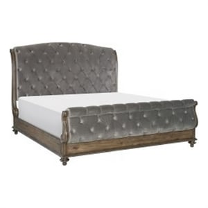 Bowery Hill Sleigh Queen Bed with Tufted Rolled Headboard in Gray Velvet
