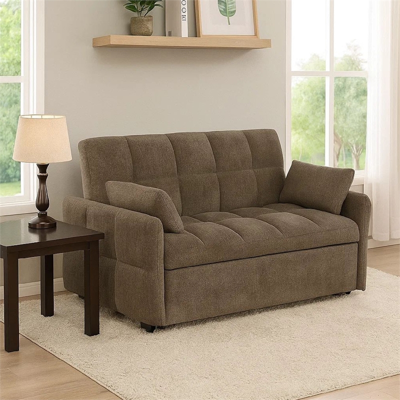 Bowery Hill 59 Inch Sleeper Sofa Bed Futon with Grid Tufting in Brown