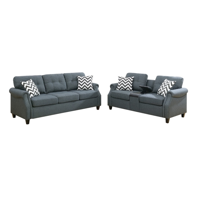 Bowery Hill 2 PC Sofa Set with Loveseat USB Console and Cupholder in Gray