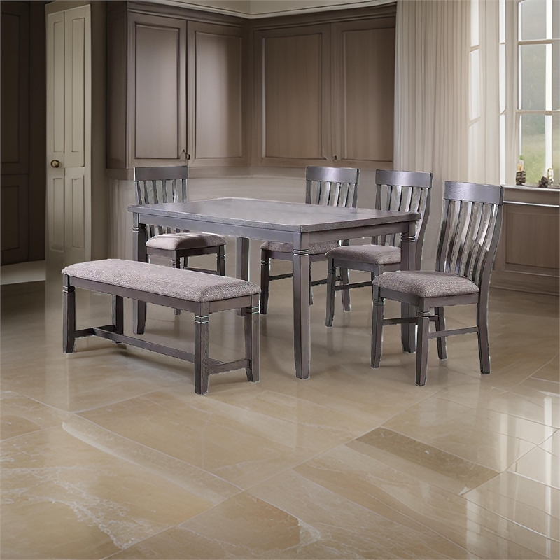 Bowery Hill 6 Piece Dining Set with Table 4 Chairs and Bench in Gray Fabric