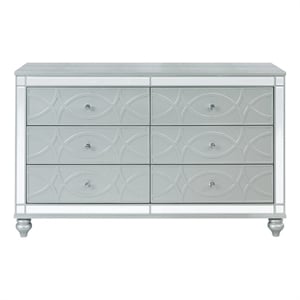 Bowery Hill 62 in Dresser with 6 Fretwork Drawers and Mirror Trim in Silver