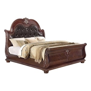 Bowery Hill King Bed in Brown Wood with Faux Leather Upholstery
