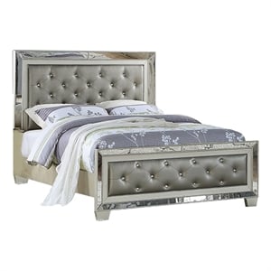 Bowery Hill California King Bed with Mirror Inlay in Gray Faux Leather