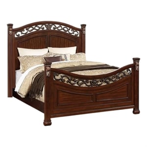 Bowery Hill Arched Carved Leaf King Size Bed with Bun Feet in Oak Brown
