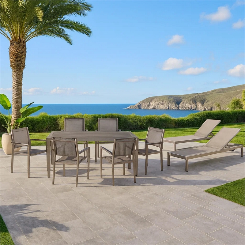 Bowery Hill 9 Piece Patio Dining and Lounge Set with Gray Textilene Seating