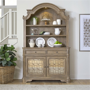 Bowery Hill Hutch and Buffet with LED Lighting and Mirrored Doors in Brown