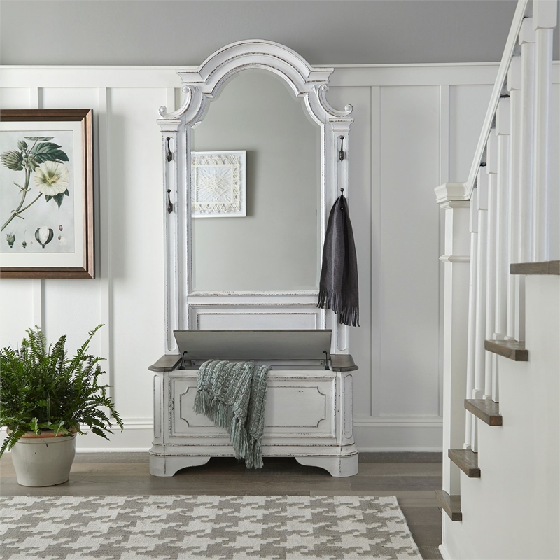 Bowery Hill 2 Piece Hall Tree with Mirror and Lift Top Storage in White