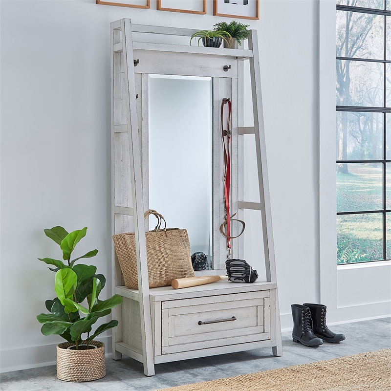 Bowery Hill 2 Piece Hall Tree with Mirror and Storage Drawer in White
