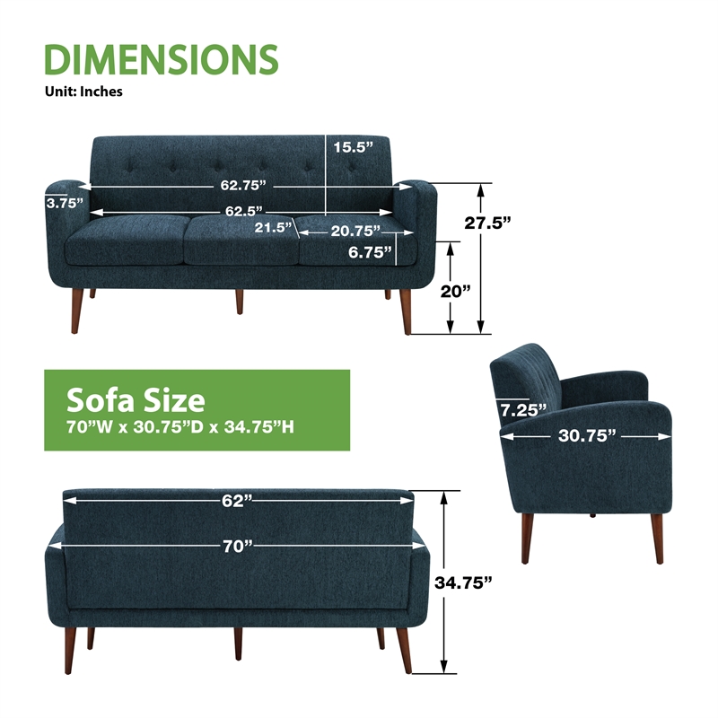 Bowery Hill Contemporary 3 Seat Sofa with Track Arms in Navy