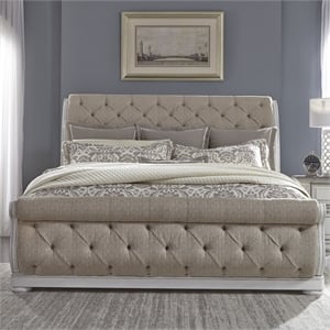 Bowery Hill California King Sleigh Bed with Tufted Chenille in Whitewash