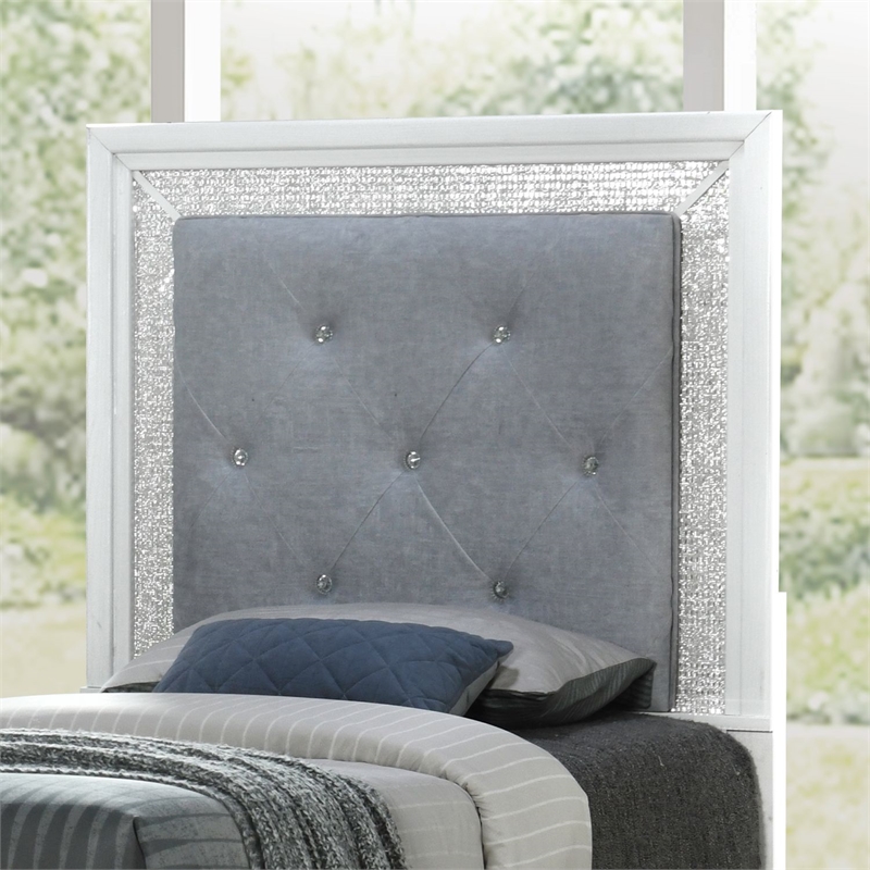 Bowery Hill Twin Upholstered Bed with LED and Rhinestones in Pearl White