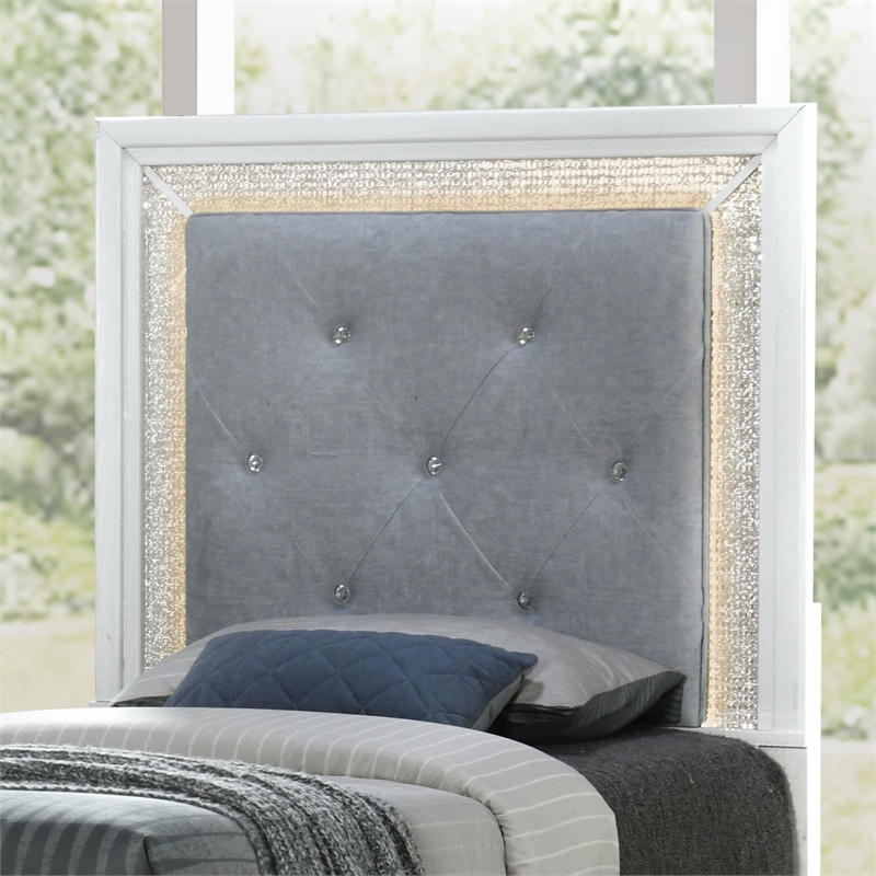 Bowery Hill Twin Upholstered Bed with LED and Rhinestones in Pearl White
