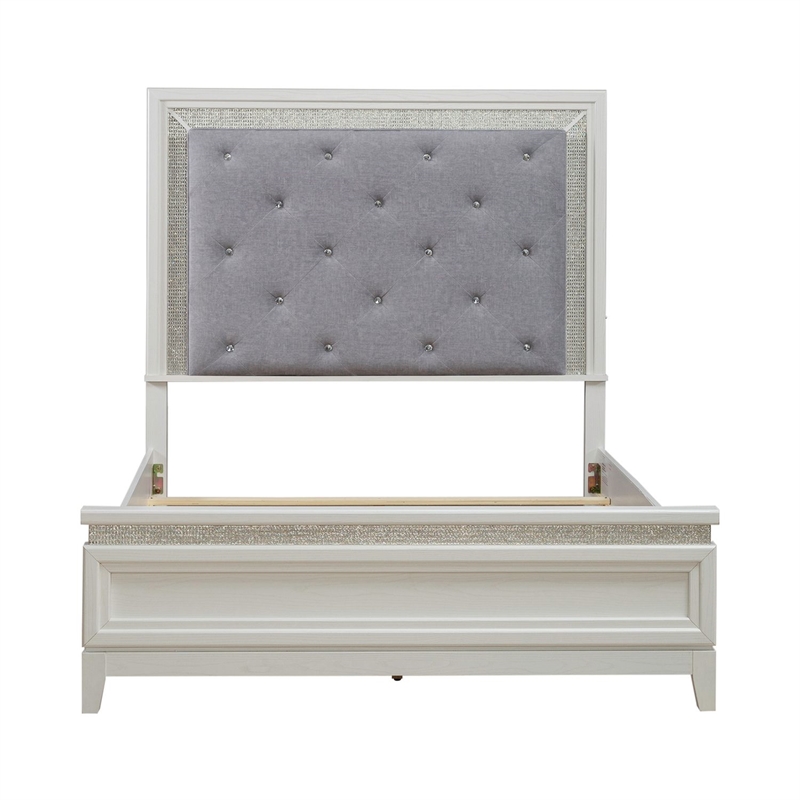 Bowery Hill Queen Upholstered Bed with LED and Rhinestones in Pearl White