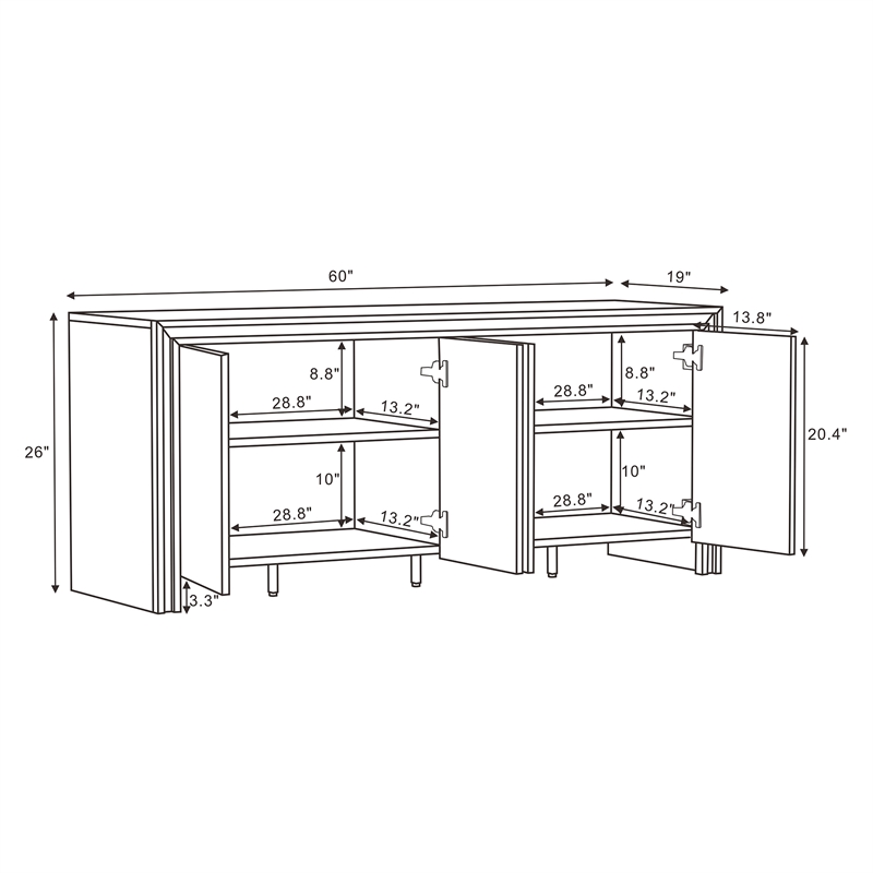 Bowery Hill 60 Inch 4 Door Sideboard with Soft Close Hinges in Brown