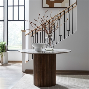 Bowery Hill Round Marble Top Pedestal Dining Table in Aged Whiskey Brown