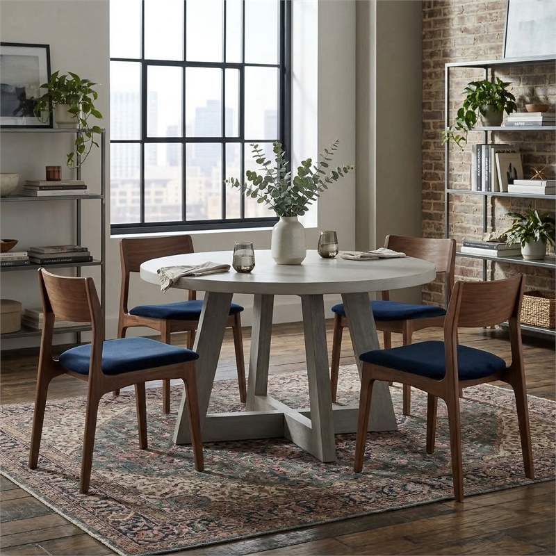 Bowery Hill Round Concrete Top Dining Table with Acacia Base in Grey