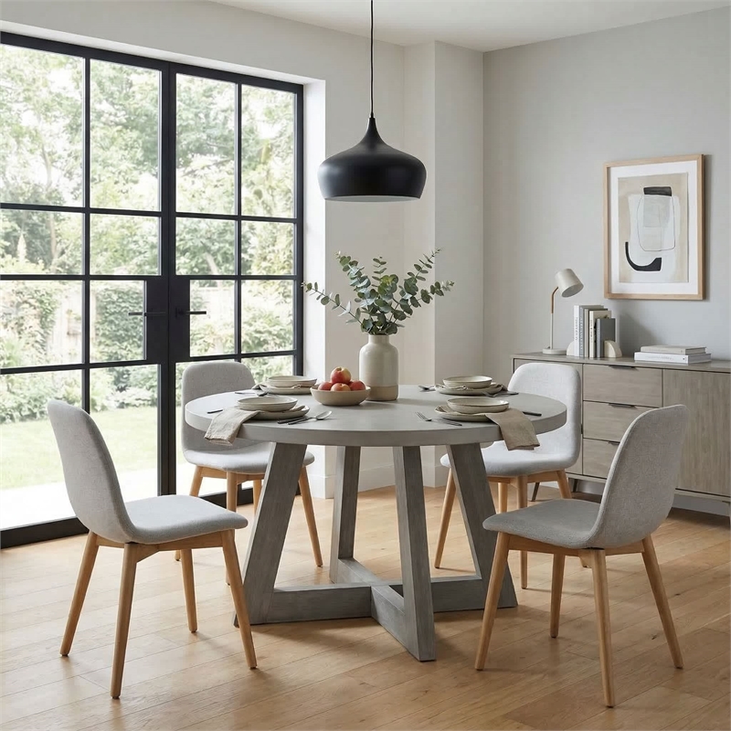 Bowery Hill Round Concrete Top Dining Table with Acacia Base in Grey