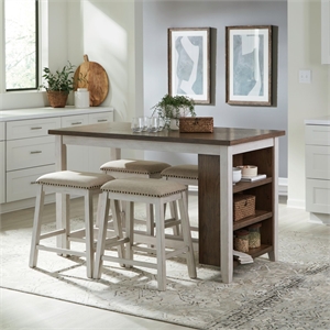 Bowery Hill 5 Piece Counter Height Dining Set with Bookshelf Table in White