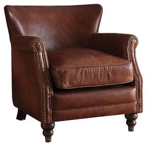 Bowery Hill Top Grain Leather Accent Chair in Vintage Dark Brown Upholstery